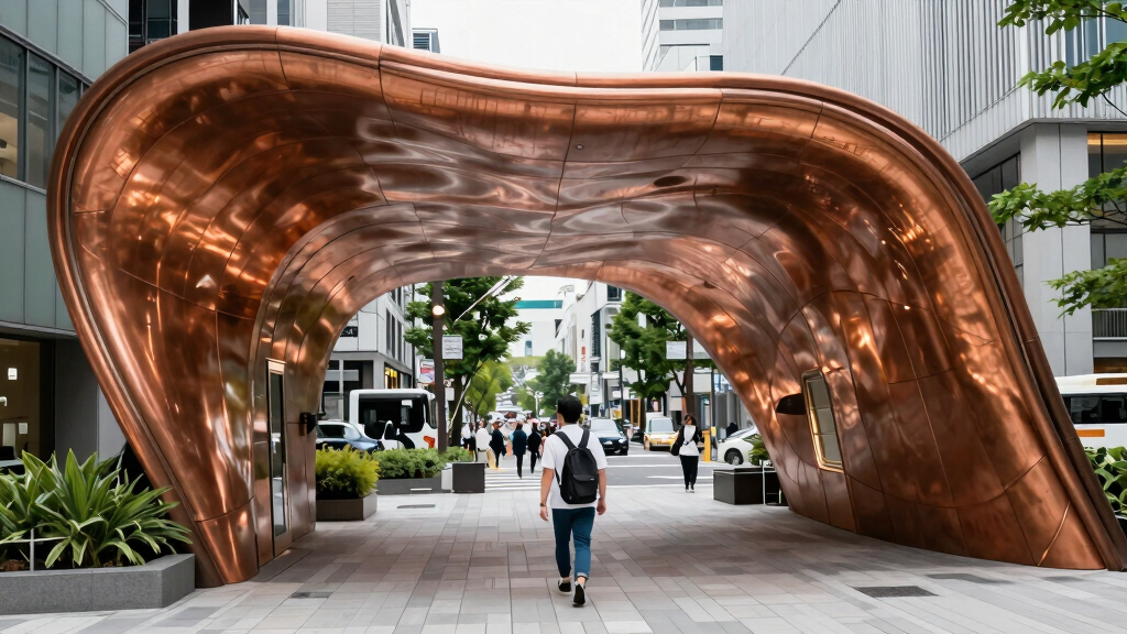 sculptural copper canopy tops micro-landmark community hub in tokyo by nikken sekkei
